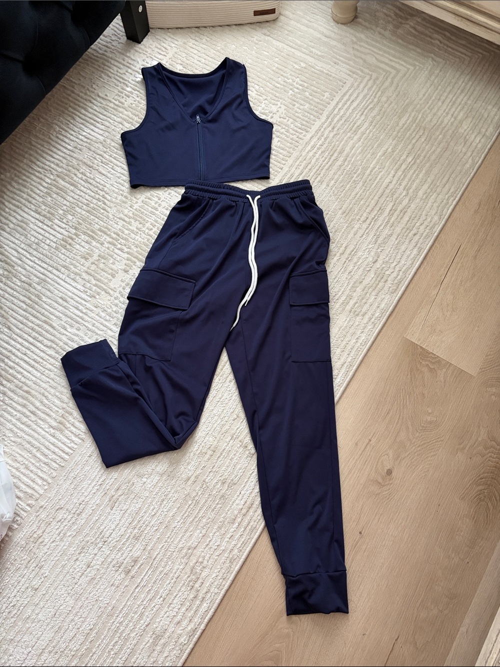 Navy Cargo Joggers with Matching Zip Crop Top Set